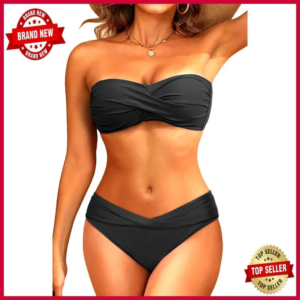 Strapless Bandeau Bikini Set, Twist Front Two Piece Swimsuit, Medium